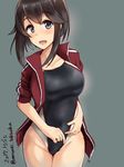  :d black_hair black_jacket black_swimsuit competition_swimsuit cowboy_shot dated grey_background grey_eyes hayasui_(kantai_collection) highres jacket kantai_collection looking_at_viewer minase_(takaoka_nanase) one-piece_swimsuit open_mouth open_track_jacket short_hair simple_background smile solo standing swimsuit track_jacket twitter_username 