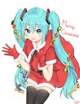  applepie_(12711019) aqua_eyes aqua_hair belt black_legwear christmas eyebrows_visible_through_hair gloves hatsune_miku highres long_hair looking_at_viewer merry_christmas open_mouth red_gloves sack santa_costume simple_background solo thighhighs twintails very_long_hair vocaloid white_background 
