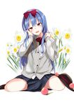  alternate_costume blue_hair blue_skirt bow bowtie commentary_request flower food fruit hair_bow hand_on_own_face hat hat_removed headwear_removed hinanawi_tenshi long_hair looking_at_viewer open_mouth peach red_bow red_eyes red_neckwear shirt simple_background sitting skirt solo tetsurou_(fe+) touhou wariza white_background white_flower white_shirt 