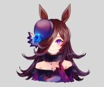  1girl blue_flower blush brown_hair closed_mouth dress flower fur_choker glowing_flower grey_background hair_over_one_eye hat hat_flower looking_at_viewer mirimo multiple_girls nail_polish off-shoulder_dress off_shoulder purple_dress purple_eyes purple_nails rice_shower_(umamusume) signature simple_background solo tilted_headwear umamusume 