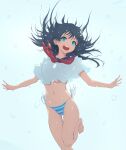 1girl :d absurdres air_bubble bikini bikini_bottom_only black_hair blue_bikini blue_eyes blue_sailor_collar breasts bubble commentary_request flower freediving hair_flower hair_ornament highres long_hair looking_at_viewer medium_breasts musaki_(msaki666) navel neckerchief red_neckerchief sailor_collar sakugawa_school_uniform saten_ruiko school_uniform serafuku shirt side-tie_bikini_bottom smile solo swimsuit toaru_kagaku_no_railgun toaru_majutsu_no_index underwater white_shirt 