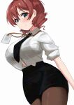  1girl aqua_eyes black_bra black_necktie black_pantyhose black_skirt blush bra bra_visible_through_clothes breasts brown_hair collared_shirt emma_verde hair_between_eyes highres lanyard large_breasts long_hair looking_at_viewer love_live! love_live!_nijigasaki_high_school_idol_club medium_hair necktie office_lady pantyhose pisagi shirt sidelocks simple_background skirt smile solo standing underwear white_background white_shirt 