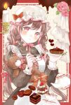  1girl apron black_dress blush bow bowtie braid breasts brown_hair candle candy chocolate collared_dress commentary cowboy_shot cup dot_nose double-parted_bangs dress fingernails flower food fork frilled_apron frills fruit grid_background hair_bow hair_ribbon hands_up hat hat_bow heart heart-shaped_chocolate heart-shaped_food holding holding_fork holding_plate long_hair long_sleeves looking_at_viewer maid maid_apron mob_cap multiple_hair_bows nail_polish nightcap original outside_border parted_lips pastry pie pink_bow pink_bowtie pink_eyes pink_flower pink_nails pink_ribbon pink_rose pink_trim plate pouring puffy_long_sleeves puffy_sleeves red_bow ribbon rose saucer small_breasts solo strawberry striped_bow stuffed_animal stuffed_toy sweets teacup teapot teddy_bear tententuyu twin_braids valentine white_apron white_hat 
