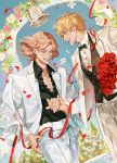  2boys absurdres arch axis_powers_hetalia bell blonde_hair bouquet bow bowtie closed_eyes collared_shirt facial_hair falling_petals flower formal_clothes france_(hetalia) goatee_stubble green_eyes highres holding holding_bouquet holding_hands jacket jewelry long_sleeves male_focus medium_hair multiple_boys open_mouth pants petals ribbon ring shirt short_hair smile stubble suit thick_eyebrows tusi0507 united_kingdom_(hetalia) wedding wedding_ring yaoi 