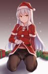  alternate_costume black_legwear cai_geng capelet christmas crotch_seam fur_trim gloves hat kantai_collection kneeling lifted_by_self long_hair merry_christmas panties panties_under_pantyhose pantyhose santa_costume santa_hat shoukaku_(kantai_collection) skirt skirt_lift solo thighband_pantyhose underwear white_gloves 
