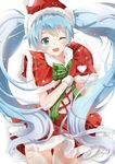  aqua_eyes blue_hair blush christmas commentary_request cowboy_shot eyebrows_visible_through_hair gloves hat hatsune_miku heart heart_hands long_hair one_eye_closed open_mouth red_gloves santa_costume santa_hat skirt solo synn032 twintails very_long_hair vocaloid white_background 