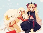  altera_(fate) altera_the_santa ass asymmetrical_legwear black_dress blonde_hair blush box bra breasts commentary_request detached_sleeves dress earrings ereshkigal_(fate/grand_order) fate/extella fate/extra fate/grand_order fate_(series) gift gift_box holding jewelry lamb long_hair looking_at_viewer merry_christmas mittens multiple_girls panties piyo_0426 red_bra red_eyes red_panties short_hair silver_hair simple_background small_breasts smile thong tiara underwear veil 