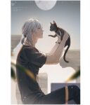  1boy adam&#039;s_apple animal black_cat black_pants black_shirt blurry border cat chinese_commentary column depth_of_field facial_hair feet_out_of_frame from_side full_moon grey_hair highres holding holding_animal holding_cat light_particles looking_at_animal low_ponytail male_focus medium_hair moon pants parted_lips pillar pillarboxed plant ponytail profile punishing:_gray_raven shirt short_sleeves sitting solo stubble t-shirt watanabe_(pgr) white_border yellow_eyes yu-x 