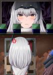  2girls anger_vein arms_at_sides blush brown_hair can cloak commentary drink_can english_commentary eve_(stellar_blade) flying_sweatdrops from_behind goddess_of_victory:_nikke hair_between_eyes head-mounted_display highres long_hair multiple_girls rabbitttt radio_antenna saliva snow_white_(nikke) soda_can squiggle stellar_blade sweat trembling vending_machine white_hair yellow_eyes 