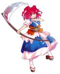  1girl black_sandals blue_dress blush brown_sash commentary_request dairi dress full_body hair_bobbles hair_ornament highres holding holding_scythe large_variant_set looking_at_viewer obi okobo onozuka_komachi open_mouth platform_sandals red_eyes red_hair sandals sash scythe short_hair short_sleeves socks solo standing tabi tachi-e touhou two_side_up variant_set white_socks 