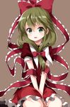  :d between_legs bow brown_hair dress frilled_ribbon frills green_eyes green_hair hair_bow hair_ribbon hand_between_legs highres kagiyama_hina long_hair open_mouth puffy_short_sleeves puffy_sleeves red_dress ribbon ruu_(tksymkw) short_sleeves simple_background sitting smile solo touhou 