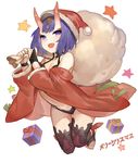 :d absurdres akizone bangs bare_shoulders barefoot bob_cut box christmas eyelashes fangs fate/grand_order fate_(series) fingerless_gloves full_body gem gift gift_box gloves hair_ornament hat highres holding holding_sack horns legs_up long_sleeves looking_at_viewer off_shoulder oni oni_horns open_mouth pom_pom_(clothes) purple_eyes purple_hair revealing_clothes sack santa_costume santa_hat short_hair shuten_douji_(fate/grand_order) simple_background smile solo star thighhighs white_background 