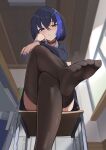  1girl :t absurdres barefoot black_choker black_hair black_skirt black_thighhighs blue_eyes blue_hair blue_nails bob_cut bored chair choker classroom commentary_request crossed_legs feet foot_focus foreshortening from_below hand_on_own_cheek hand_on_own_face head_rest heterochromia highres indoors kirisame_oreo looking_at_viewer looking_down multicolored_hair nail_polish original pout presenting_foot sitting skirt soles solo streaked_hair thighhighs toenail_polish toenails toes window yellow_eyes 