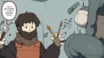  1boy 1girl armor artist_name beard between_fingers black_eyes breasts brown_hair brown_scarf colored_skin commentary demon_girl dress english_commentary english_text facial_hair flinch gargoyle gomulgong grey_skin highres holding holding_spatula large_breasts leather_armor long_sleeves monster_girl original paintbrush scarf solid_circle_eyes spatula speech_bubble squatting thighs twitter_username v-shaped_eyebrows white_dress 