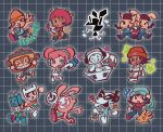  &gt;_&lt; 3boys 6+girls :d amigo aqua_hat arle_nadja arm_up beatmania_iidx bemani bit_(planet_dob) blue_eyes braid brown_hair bust_a_move carbuncle_(puyopuyo) character_counter_request character_request chibi chibi_only commentary cool_cool_toon copyright_request crossover dance_dance_revolution dancing dark-skinned_male dark_skin dj dob_(planet_dob) etudef0rgh0sts flame_print gender_request genre_connection grid_background hat headset heat_(bust_a_move) highres holding holding_instrument holding_maracas holding_microphone instrument kinoko_boy konsento_(dance_dance_revolution) lammy_(um_jammer_lammy) leg_up long_hair looking_at_viewer looking_to_the_side maracas microphone mimi_(pop&#039;n_music) multiple_boys multiple_girls music nyami_(pop&#039;n_music) orange_hat oshare-zukin parappa parappa_the_rapper pink_hair planet_dob playing_guitar playing_instrument pop&#039;n_music pop-kun puyo_(puyopuyo) puyopuyo samba_de_amigo short_hair short_twintails smile sombrero space_channel_5 symbol-only_commentary tran_(beatmania) turntable twin_braids twintails ulala um_jammer_lammy v vib-ribbon vibri_(vib-ribbon) yusa_(cool_cool_toon) 