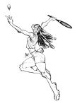 2024 anthro arm_tuft artist_name azuza ball clothed clothing dated elbow_tuft female hair hi_res knee_tuft lagomorph leg_tuft leporid long_ears long_hair mammal monochrome playing_tennis rabbit side_view simple_background solo tennis_ball tennis_racket text tuft white_background