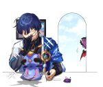  2boys anemo_symbol_(genshin_impact) animalization aqua_gemstone arm_rest armor belt black_belt black_bodysuit black_bridal_gauntlets black_hair black_horns blue_cape blue_sky blue_sleeves blunt_ends bodysuit bridal_gauntlets cape character_doll cloud cloudy_sky covered_collarbone doll doorway dragon dragon_horns dragon_wings feathers fingernails furisode gem genshin_impact gold gold_ring hand_over_face highres holding_sewing_needle horns indoors japanese_armor japanese_clothes kimono kote kurokote layered_sleeves middle_ring mini_durin_(dragon)_(genshin_impact) mini_durin_(genshin_impact) mini_durin_(human)_(genshin_impact) multiple_boys needle open_clothes open_hand open_kimono peeking_out person_and_animalization picture_frame pincushion pom_pom_(clothes) purple_hair purple_rope purple_sash red_wings rope sash scaramouche_(genshin_impact) sewing_needle sewing_pin short_sleeves sky small_dragon sparkle string stuffed_animal stuffed_toy vision_(genshin_impact) wanderer_(genshin_impact) white_kimono white_sleeves white_trim wings yellow_feathers yuka_(pixiv38407039) 