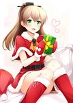  :d alternate_costume belt belt_buckle box brown_hair buckle gift gift_box gloves green_eyes hat hat_removed headwear_removed heart kantai_collection kumano_(kantai_collection) long_hair md5_mismatch mittens open_mouth pom_pom_(clothes) red_gloves rui_shi_(rayze_ray) santa_costume santa_hat smile solo 