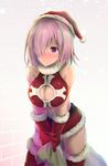  asahi_(fullmetal_madness) bare_shoulders blush breasts cleavage cleavage_cutout fate/grand_order fate_(series) fur_trim gloves hair_over_one_eye hat holding large_breasts mash_kyrielight navel purple_eyes purple_hair red_gloves red_legwear sack santa_costume santa_hat short_hair skirt smile solo sweat thighhighs v_arms 
