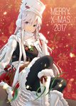  2017 azur_lane bangs belt black_belt blue_eyes breasts character_name christmas coat commentary_request earmuffs enterprise_(azur_lane) eyebrows_visible_through_hair floating_hair gloves hat highres long_hair looking_at_viewer medium_breasts merry_christmas pantyhose pinakes playing_with_own_hair pom_pom_(clothes) scarf silver_hair sitting smile solo stuffed_deer underbust very_long_hair white_footwear white_gloves white_hat white_scarf winter_clothes winter_coat 