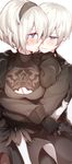  1girl aki663 black_dress black_gloves blue_eyes blush breasts close-up couple dress gloves hairband hetero highres hug juliet_sleeves long_sleeves looking_at_another medium_breasts mole mole_under_mouth nier_(series) nier_automata puffy_sleeves short_hair shorts simple_background white_hair yorha_no._2_type_b yorha_no._9_type_s 
