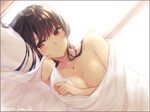  bed bed_sheet black_hair blanket collarbone fusou_(kantai_collection) kantai_collection long_hair looking_at_viewer lying naked_sheet on_side pillow red_eyes saitu_miki smile solo under_covers 