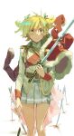  1girl aiguillette arm_at_side badge belt belt_buckle blonde_hair brown_belt buckle cape collared_jacket commentary daiba_nana dot_nose epaulettes feet_out_of_frame fingernails fur-trimmed_jacket fur_trim glint green_eyes green_ribbon grey_jacket grey_skirt hair_ribbon highres holding holding_sword holding_weapon invisible_floor jacket jacket_on_shoulders katana long_sleeves looking_at_viewer miniskirt outline parted_lips pink_cape planted planted_sword pleated_skirt red_jacket red_sash red_sleeve_cuffs ribbon sash seu_kaname short_hair shoujo_kageki_revue_starlight shoulder_boards shoulder_sash simple_background skirt solo sparkle standing straight-on sword symbol-only_commentary two_side_up waist_cape weapon white_background white_outline wide-eyed 