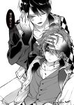  2boys absurdres ace_trappola blood blood_on_clothes blood_on_face buttons checkered_clothes closed_eyes collarbone crew_neck deuce_spade dot_nose empty_eyes flower greyscale hair_between_eyes hand_on_another&#039;s_face hand_on_another&#039;s_hand hand_on_another&#039;s_head highres jacket lapels long_sleeves male_focus mofu_twst monochrome multiple_boys one_eye_covered open_clothes open_jacket parted_bangs parted_lips shirt short_hair simple_background spade_(shape) speech_bubble twisted_wonderland twitter_username vest white_background 