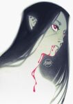 2024 artist_logo artist_name azuza black_hair blood blood_from_mouth blood_in_mouth bodily_fluids bust_portrait dated eyelashes female hair hi_res humanoid humanoid_pointy_ears logo long_hair pale_skin pointy_ears portrait red_eyes simple_background solo text vampire white_background