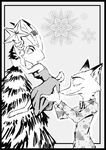  2017 anthro black_border border canine carrying christmas christmas_tree clothed clothing dipstick_ears disney dress duo female fox greyscale hand_on_butt holding_object holidays holly_(plant) judy_hopps lagomorph male mammal monochrome nick_wilde pattern_background plant rabbit side_view simple_background smile snowflake star thewyvernsweaver tree zootopia 