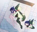  1girl barefoot black_hair chibi chibi_inset closed_eyes closed_mouth commentary cowlick from_above knees liko_(pokemon) long_hair lying meowscarada multiple_views on_bed on_side pillow pokemon pokemon_(anime) pokemon_(creature) pokemon_horizons rei_hinketsu shirt shorts sleeping sleeveless sleeveless_shirt spooning squeans symbol-only_commentary watermark 