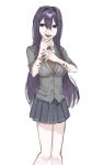  1girl arms_up black_eyes black_skirt bleeding blood breasts collared_shirt doki_doki_literature_club green_vest hair_between_eyes highres holding_own_hand injury knees_together_feet_apart long_hair looking_at_viewer multiple_scars open_mouth purple_hair sanmanako scar scar_on_arm school_uniform shirt skirt solo teeth tongue tongue_between_fingers tongue_out upper_body upper_teeth_only v very_long_hair vest white_background white_shirt wrist_cutting yuri_(doki_doki_literature_club) 