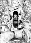  1girl alley arms_at_sides blood blood_on_clothes blood_on_face blood_on_ground blood_on_weapon bow bowtie chain-link_fence chainsaw_man closed_mouth commentary cross_scar cup dead_animal disposable_cup drainpipe dress drinking_straw dripping electric_fan english_commentary fence fourth_east_high_school_uniform from_above graffiti greyscale heo_sung-moo highres holding holding_sword holding_weapon hyye9 long_hair long_sleeves looking_at_viewer monochrome outdoors pinafore_dress pleated_skirt ringed_eyes scar scar_on_cheek scar_on_face school_uniform shoes skirt sleeveless sleeveless_dress snake solo standing sticker sword trash trash_can weapon yoru_(chainsaw_man) 