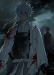  2boys aged_down armor black_coat black_hair blood blood_on_clothes blood_on_face cloud cloudy_sky coat commentary eliorb_yyy gintama haori headband highres japanese_clothes long_sleeves male_focus messy_hair multiple_boys official_alternate_costume outdoors rain red_eyes sakata_gintoki short_hair sky storm sword takasugi_shinsuke torn_clothes weapon white_hair white_haori white_headband wide_sleeves 
