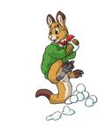  2017 alpha_channel anthro bottomless brown_fur clothed clothing dipstick_tail featureless_crotch flinters flinters_(character) fur green_eyes kangaroo male mammal marsupial mittens multicolored_tail scarf simple_background snow snowball solo transparent_background 