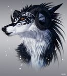  2017 amber_eyes ambiguous_gender black_fur black_nose canine curved_horn digital_media_(artwork) feral fur headshot_portrait hybrid mammal nukerooster portrait simple_background solo white_fur 