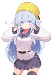  1girl belt black_belt black_thighhighs blue_eyes blue_hair blue_skirt cooking_pot hibiki_(kancolle) highres kantai_collection long_hair long_sleeves looking_at_viewer miniskirt pleated_skirt pot_on_head reitou_mikan school_uniform serafuku skirt solo thighhighs verniy_(kancolle) very_long_hair 