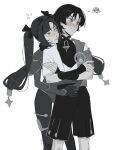  1boy 1girl arhnt armor artist_name averting_eyes belt blunt_ends blush bodysuit bow cape closed_mouth couple crossed_arms flying_sweatdrops frown fur_collar gem genshin_impact gloves greyscale hair_bow hakama hakama_shorts hand_on_own_arm head_on_another&#039;s_shoulder hetero highleg highleg_leotard highres hug hug_from_behind interlocked_fingers japanese_armor japanese_clothes jewelry kimono kote kurokote leotard long_hair long_sleeves looking_at_another looking_to_the_side mandarin_collar mona_(genshin_impact) monochrome open_clothes open_kimono own_hands_together pantyhose parted_bangs pleated_shorts ponytail_holder scaramouche_(genshin_impact) short_sleeves shorts shoulder_peek sidelocks squiggle standing star_(symbol) star_print thighlet tsurime twintails v-shaped_eyebrows vision_(genshin_impact) wanderer_(genshin_impact) white_background 
