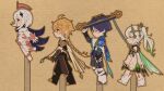  2boys 2girls absurdres aether_(genshin_impact) ahoge arm_at_side armlet armor belt black_belt black_boots black_bridal_gauntlets black_cape black_eyes black_leggings black_shorts blonde_hair blue_cape blue_gemstone blue_hat blue_sleeves blunt_ends blush boots bridal_gauntlets brown_halo brown_outline brown_pants brown_shirt cape cardboard_cutout closed_eyes closed_mouth cropped_shirt detached_sleeves diamond_hair_ornament dress earrings eyelashes eyeliner eyeshadow facing_another facing_to_the_side feathers floating from_side gem genshin_impact gold gold_ring gold_trim green_cape green_hair green_sleeves hair_ornament hakama hakama_shorts halo hand_up hat heart heart_hair_ornament highres japanese_armor japanese_clothes jewelry jingasa kote kurokote layered_sleeves leg_warmers leggings levitation long_hair looking_at_another looking_to_the_side low-braided_long_hair low-tied_long_hair makeup mechanical_halo miaoyeza233 mid-stride middle_ring multicolored_hair multiple_boys multiple_girls nahida_(genshin_impact) open_hand open_mouth outline paimon_(genshin_impact) pants pauldrons pleated_shorts pointy_ears pom_pom_(clothes) profile purple_hair purple_rope purple_sash red_eyeliner red_eyeshadow rope sash scaramouche_(genshin_impact) scarf shirt shoes short_hair short_hair_with_long_locks short_sleeves shorts shoulder_armor side_ponytail sidelocks sideways_mouth single_pauldron single_thighhigh smile socks stirrup_footwear stirrup_legwear streaked_hair tassel thighhighs toeless_legwear vambraces vision_(genshin_impact) wanderer_(genshin_impact) white_cape white_dress white_hair white_leg_warmers white_romper white_scarf white_shoes white_sleeves white_socks white_thighhighs white_trim yellow_eyes yellow_feathers 