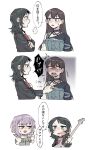  3girls 5-string_bass_guitar bang_dream! bang_dream!_it&#039;s_mygo!!!!! bass_guitar black_choker black_hair black_jacket blue_eyes blush breasts chinese_commentary choker cleavage commentary_request criangle_k. drumsticks ear_piercing earrings extended_range_bass_guitar frilled_shirt frills grey_shirt highres holding holding_drumsticks instrument jacket jewelry medium_hair multiple_girls open_mouth piercing pink_eyes purple_eyes shiina_taki shirt short_hair simple_background slap_mark slap_mark_on_face smile sweatdrop translation_request white_background yahata_umiri yuri yuutenji_nyamu 