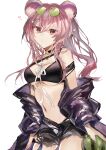  1girl absurdres animal_ear_piercing animal_ears arknights bare_shoulders belt belt_buckle bikini bikini_ribbon bikini_under_shorts black_belt black_bikini black_choker black_jacket black_shorts breasts buckle choker closed_mouth commentary_request cowboy_shot expressionless eyewear_on_head fumi_(rdbm) hair_between_eyes hair_ornament hairclip heart highres jacket jewelry lin_(arknights) long_hair looking_at_viewer medium_breasts mouse_ears navel necklace off_shoulder pink_eyes pink_hair ribbon short_shorts shorts sidelocks solo sunglasses swimsuit tinted_eyewear underboob unzipped white_background white_ribbon yellow-tinted_eyewear 