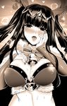  alternate_costume bell bell_collar blush breasts bridal_gauntlets cleavage collar commentary_request fire_emblem fire_emblem:_kakusei fire_emblem_heroes fur_trim heart highres large_breasts looking_at_viewer monochrome naughty_face open_mouth solo sweat tharja tiara upper_body yyillust 