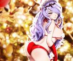  bare_back bikini blush camilla_(fire_emblem) christmas fire_emblem hat long_hair violet_hairred_eyes 