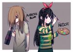  2girls :&lt; arm_at_side artist_(omori) aubrey&#039;s_mother_(omori) back-to-back bags_under_eyes black_eyes black_hair bottle bow_hairband breasts bright_pupils brown_hair character_name clenched_hand closed_mouth commentary_request double-parted_bangs dress empty_eyes fingernails green_shirt grey_background grey_dress hair_between_eyes hair_over_one_eye hairband hatching_(texture) highres holding holding_bottle holding_paint_palette holding_paintbrush long_hair long_sleeves multiple_girls no_mouth no_pupils omori paint_on_clothes paint_palette paintbrush red_hairband shirt short_sleeves simple_background small_breasts straight_hair striped_clothes striped_shirt two-tone_shirt upper_body v-shaped_eyebrows white_pupils yellow_shirt yutsu 