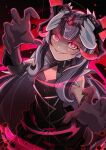  1girl absurdres ailheim black_dress black_hair breasts cleavage commentary dark_persona dragon_horns dress english_commentary evil_smile fire_emblem fire_emblem_engage fire_emblem_heroes highres horns long_hair looking_at_viewer medium_breasts multicolored_hair official_alternate_costume red_eyes sleeveless sleeveless_dress smile solo two-tone_hair very_long_hair veyle_(fell_successor)_(fire_emblem) veyle_(fire_emblem) white_hair 