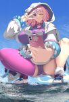  1girl absurdres blue_sky breasts commission giant giantess highres holding holding_phone hood hooded_jacket jacket japan large_breasts lien mount_fuji phone saigyouji_yuyuko saigyouji_yuyuko_(cyber_ghost) selfie selfie_stick single_thighhigh skeb_commission sky solo squatting thighhighs touhou touhou_lostword v white_jacket 