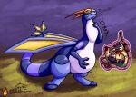 abdominal_bulge blitz_(gyro) blue_eyes bodily_fluids countershading doesnotexist fan_character feral feral_pred feral_prey flygon generation_2_pokemon generation_3_pokemon gyrotech hi_res internal larger_pred male male_pred male_prey markings mottled mottled_body multiple_prey neck_bulge nintendo nyama organs paws pokemon pokemon_(species) purple_body quadruped quilava red_markings size_difference stomach stomach_acid tan_body vore