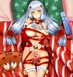  alternate_costume alternate_hairstyle armpit_crease bangs bare_shoulders bdsm bed bed_sheet bell bell_choker bishi_(bishi) blue_bow blunt_bangs blush body_writing bondage bound bow breasts choker christmas christmas_ornaments cleavage collarbone detached_sleeves eyebrows_visible_through_hair flower full_body fur-trimmed_sleeves fur_trim garters gift girls_frontline green_eyes hair_bow hair_ornament hair_ribbon head_tilt heart-shaped_lock highres hips hk416_(girls_frontline) jewelry knees_together large_breasts lock long_hair long_sleeves looking_at_viewer lying makeup merry_christmas naked_ribbon navel on_back open_mouth padlock pillow pink_bow red_cross red_ribbon reindeer_plushie ribbon ribbon_choker ring rose shiny shiny_skin sidelocks silver_hair smile solo stomach stuffed_animal stuffed_toy teardrop thighs tress_ribbon twintails very_long_hair wedding_band wrapped_up 