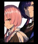  2girls behind_another black_border black_shirt blue_eyes blue_hair blush border closed_mouth from_side hair_over_shoulder height_difference highres hood hoodie isshiki_(ffmania7) jacket kaf_(kamitsubaki_studio) kamitsubaki_studio long_hair looking_to_the_side low_twintails multicolored_eyes multicolored_hair multiple_girls open_clothes open_hoodie pendant_choker pink_hair red_eyes red_hair rim_(kamitsubaki_studio) shirt signature simple_background sleeveless sleeveless_hoodie smile streaked_hair twintails upper_body virtual_youtuber white_background white_jacket yellow_pupils 