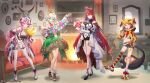  4girls :d absurdres ahoge animal_ear_hood animal_skull ascot asymmetrical_dress balloon banner bare_shoulders bike_shorts black_hat black_shoes black_shorts black_thighhighs black_tube_top blue_gemstone book book_stack bouquet breasts cecilia_immergreen cecilia_immergreen_(1st_costume) cleavage closed_mouth collar commentary corset couch cropped_hoodie day detached_collar dress elizabeth_rose_bloodflame elizabeth_rose_bloodflame_(1st_costume) english_commentary fireplace flower full_body gears gem gigi_murin gigi_murin_(1st_costume) gold_trim green_corset green_eyes green_hair hair_between_eyes happy_anniversary hat heart_balloon high-low_skirt high_heels highres hip_vent holding holding_balloon holding_banner holding_bouquet holojustice hololive hololive_english hood hood_up hoodie horizontal-striped_thighhighs huge_ahoge indoors jacket leaning_forward long_hair long_sleeves miniskirt mirror misyune multicolored_hair multiple_girls official_art open-toe_boots open_mouth orange_hoodie orange_thighhighs picture_frame pink_eyes pink_hair puffy_long_sleeves puffy_sleeves raora_panthera raora_panthera_(1st_costume) red_ascot red_eyes red_flower red_jacket shoes shorts single_thighhigh skirt smile standing strapless thigh_strap thighhighs tube_top very_long_hair virtual_youtuber white_background white_collar white_dress white_hair white_jacket white_sneakers white_thighhighs yellow_eyes 